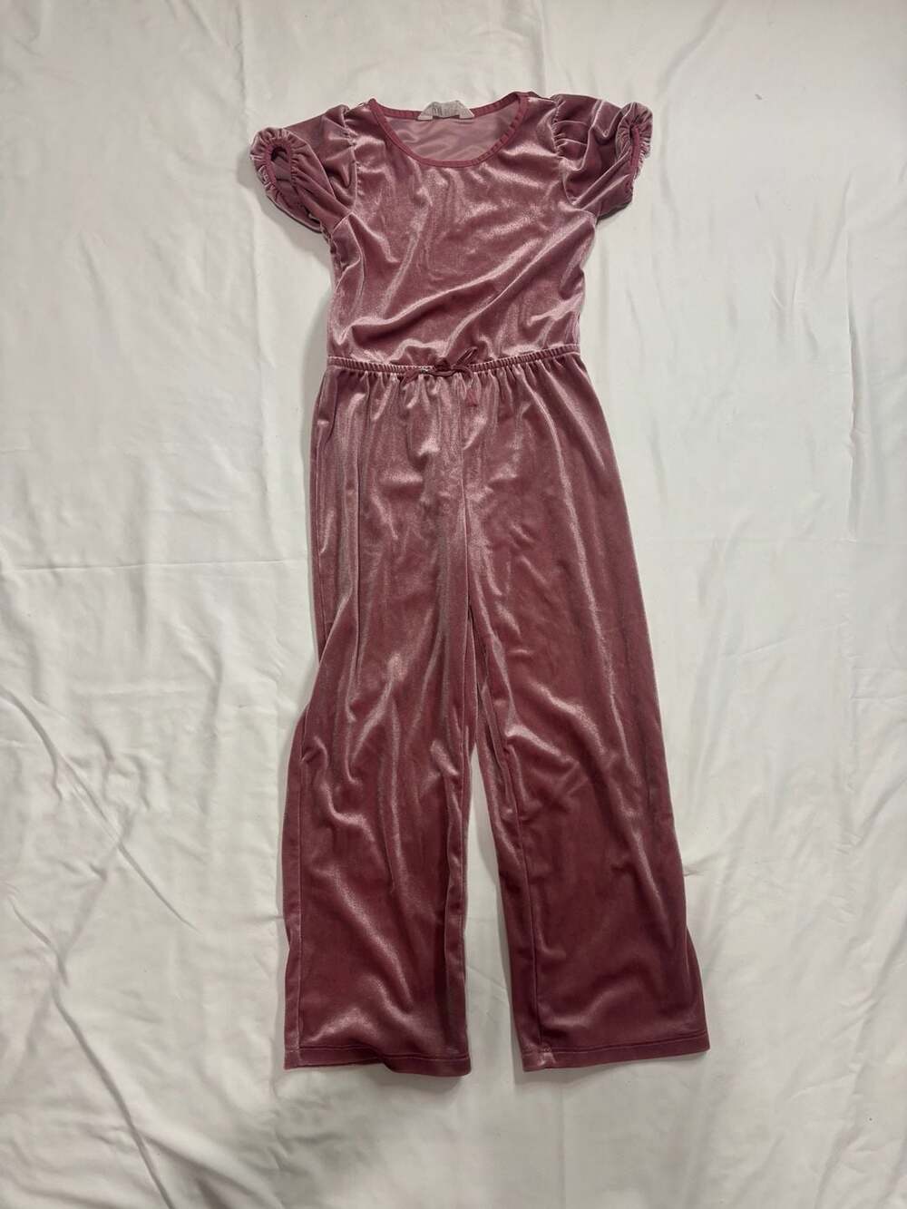 H&M Girls Pink Velvet Puff Sleeve Jumpsuit Size 6-7Y